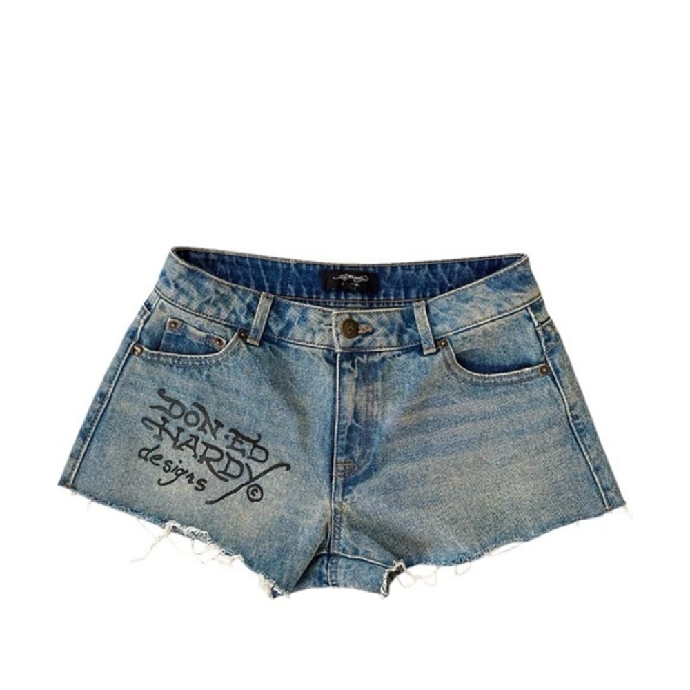 Ed Hardy Swallow “Born‎ Free” Signature Logo Raw Hem Jean Denim Shorts Small